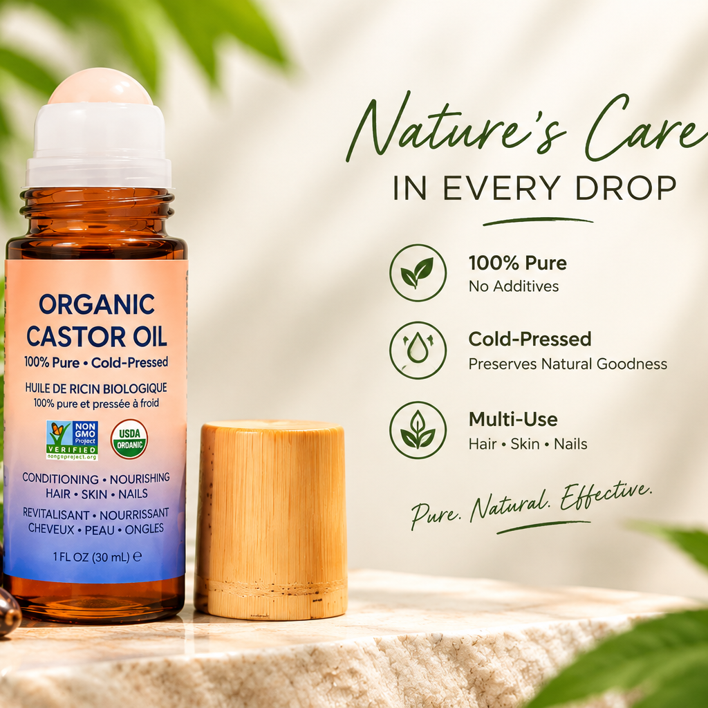 Organic Castor Oil rollerball bottle and its wooden cap displayed on a stone surface with castor seeds and green leaves, alongside product feature text on a light background.