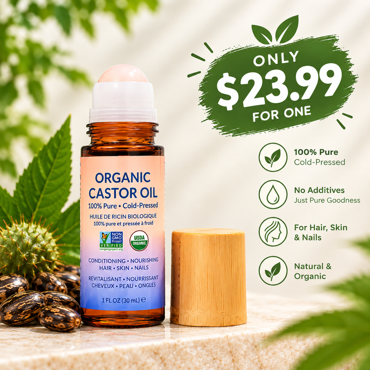 A bottle of organic castor oil with its cap removed, placed on a light stone surface with castor seeds and green leaves around it. A large green promotional badge on the right reads 'Only $23.